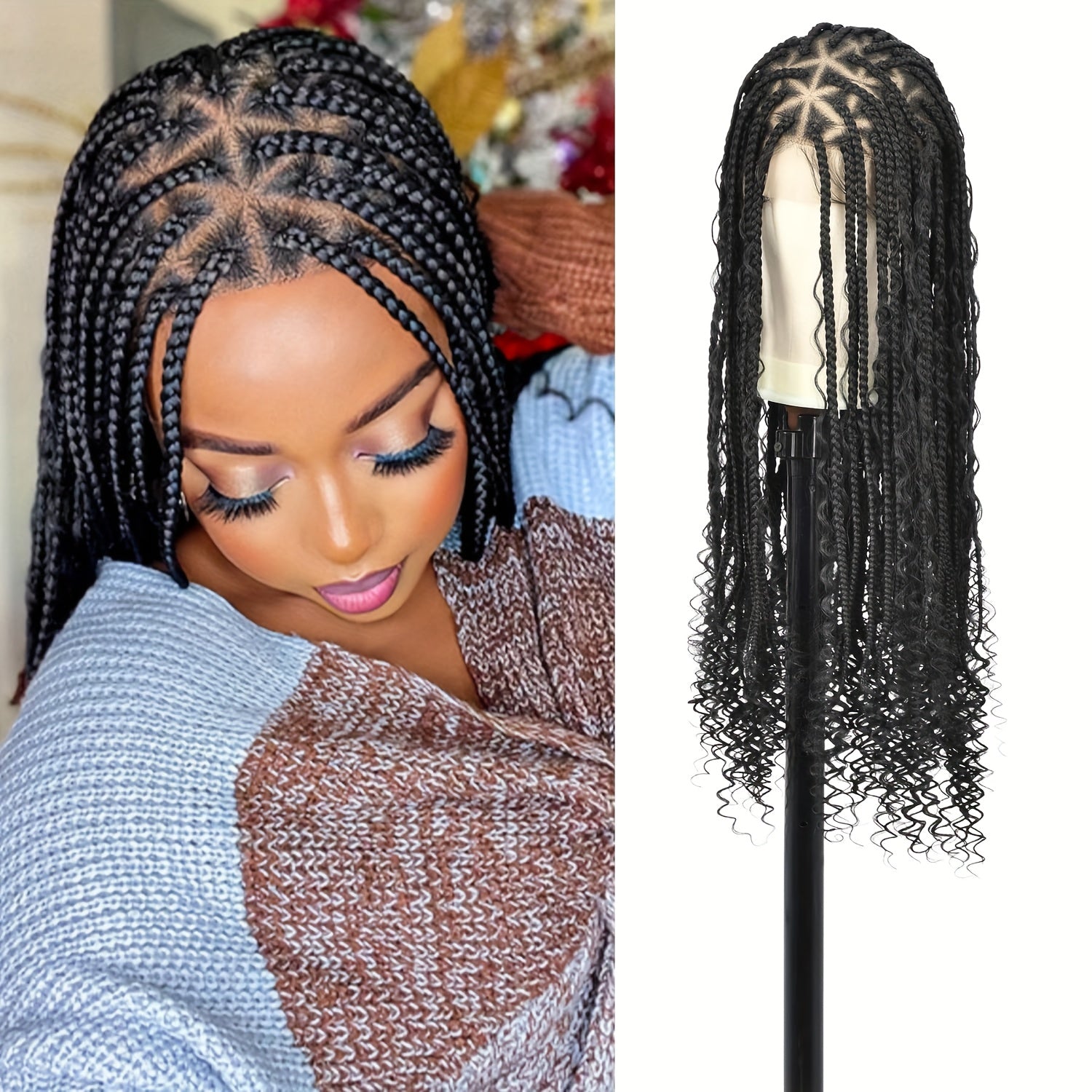 360 Lace Boho Knotless Box Braided Wig for Women - Full Double Lace with, Natural Black Synthetic Hair, Lightweight & Breathable, Perfect for Daily Wear, Parties, and Special Occasions, Versatile Hair Solution | Voluminous Br